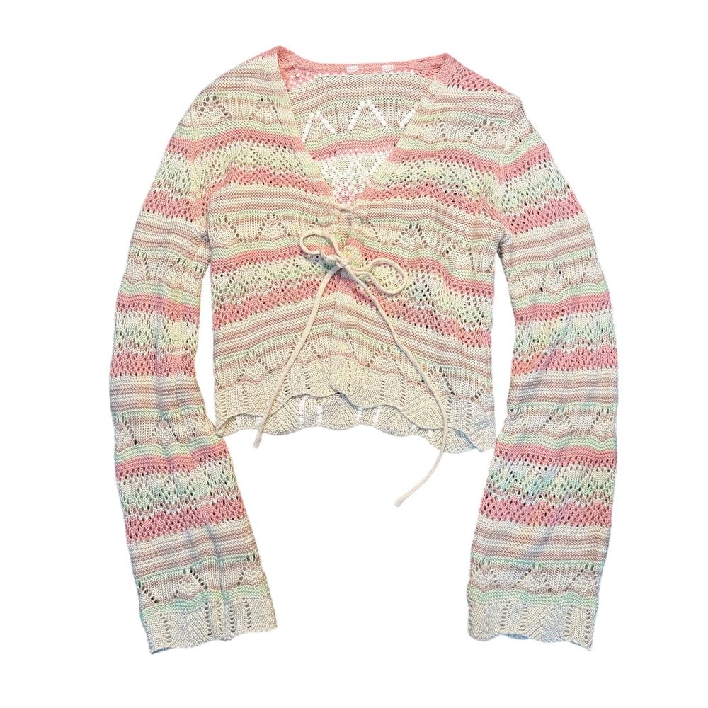 Pastel Open Knit Cardigan Tie Front Flare Sleeve Crochet Top Striped Boho‎ M
